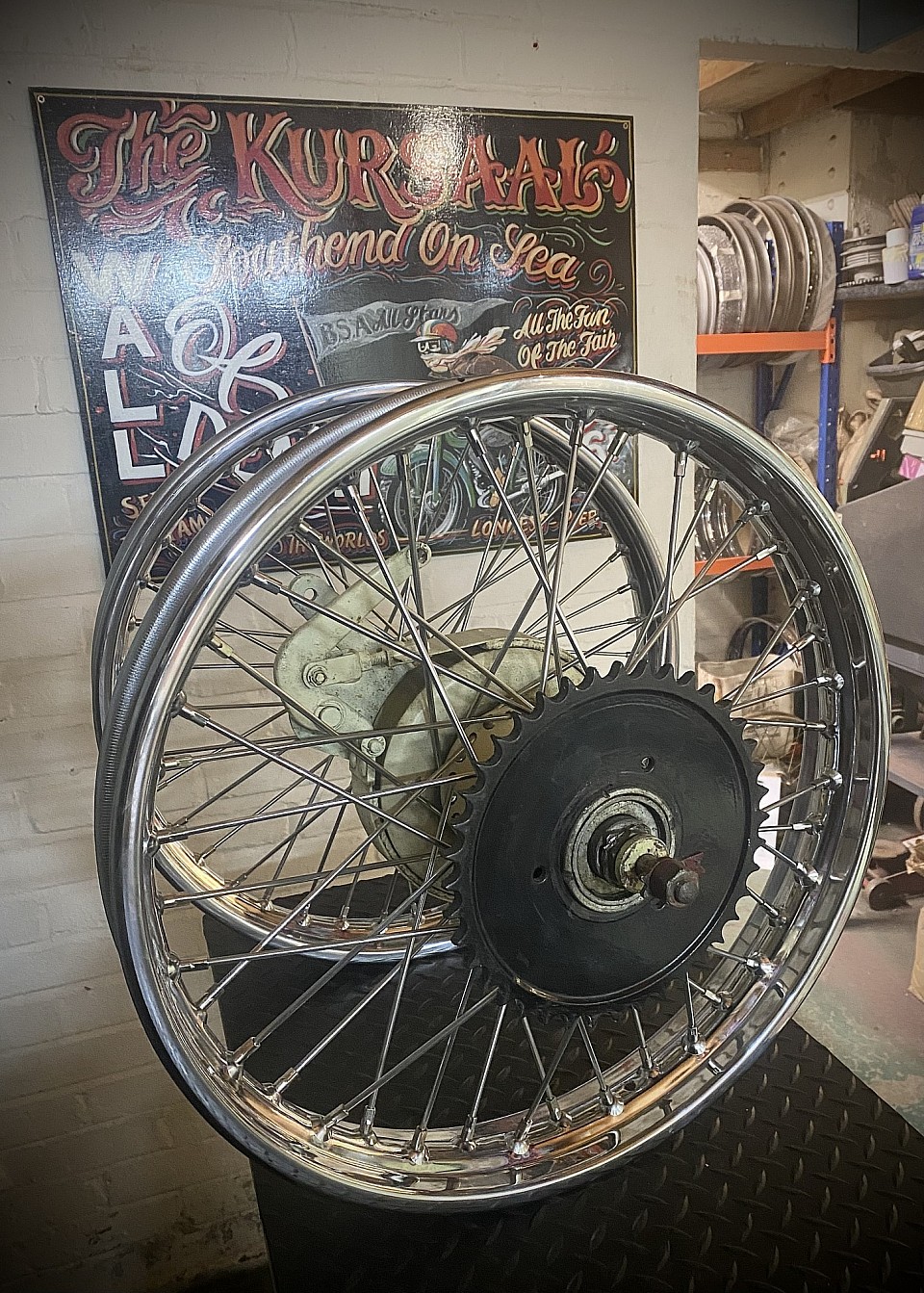 Wall of Death wheels rebuilt with chrome rims and stainless spokes